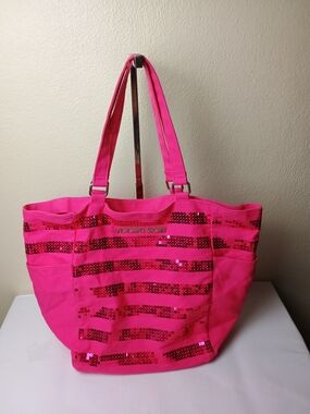 Victoria's Secret Bright Pink Sequin Stripe Tote